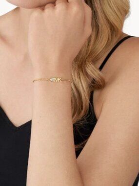Michael Kors Gold Tone Pave Heart MK Logo Slider Bracelet Delicate Feminie Gift